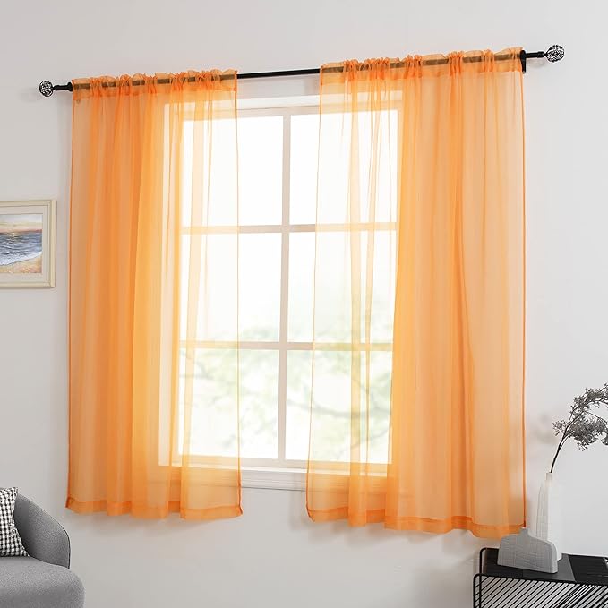 HUTO Orange Sheer Curtains 63 inches Long for Bedroom Top Rod Pocket Sheer Window Panels Curtains for Nursery Living Room 52 by 63 Inch Length Set of 2