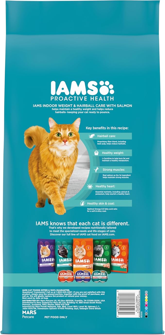 IAMS Proactive Health Indoor Weight Control & Hairball Care Adult Dry Cat Food, Salmon Recipe, 7 lb. Bag-Mewly Pet