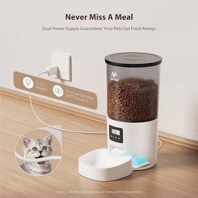Automatic Cat Feeders, 5L Large Capacity, Timed Feeding Dry Food, Dual Power Design, Programmable Portion Size, 1-6 Meals Per Day, with Desiccant Packet, Suitable for Small Pets Food Dispenser-Mewly Pet