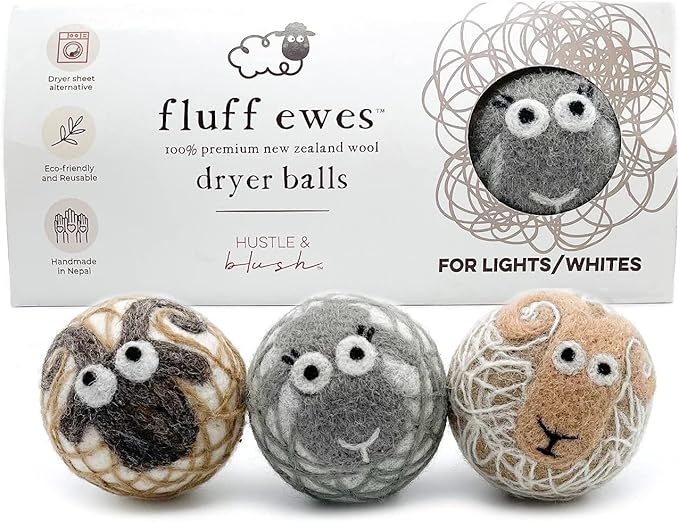 Fluff Ewes Wool Dryer Balls 3 Pack Premium New Zealand Wool Laundry Balls for Dryer, No Static Dryer Balls Laundry Reusable Cute - XL Wool Dryer Balls Cute, Baby Dryer Balls for Dryers - Lights-Mewly Pet