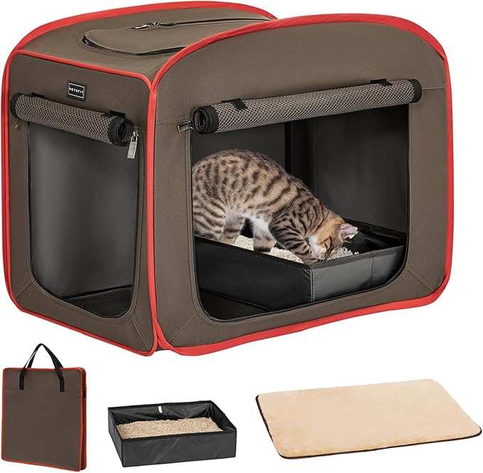 Petsfit Portable Cat Crate with Litter Box and Soft Cushion, Collapsible Pop Up Cat Kennel with Carrying Bag for Travel-Mewly Pet