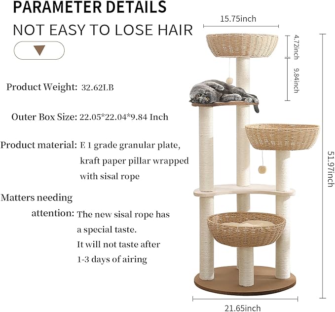 52" Modern Cat Tree Tower for Large Cats, 3Cat Nests Manual Hand Woven Multilevel Huge Paws Pals Cat Tree, Wood Cat Tower, Cat Scratching Tree, Cat Condo, Cat Lover Gift-Mewly Pet