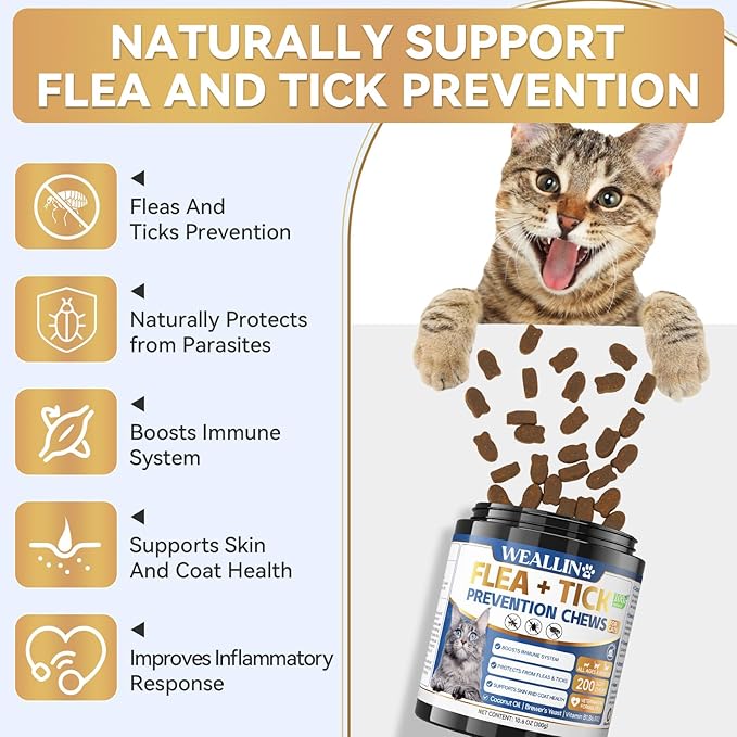 Flea and Tick Prevention for Cats, 200 Soft Chews for Fleas Treatment for Cats, Natural Cat Oral Flea Chewables Support Supplement, Flea and Tick Chews for All Breeds & Sizes-Mewly Pet