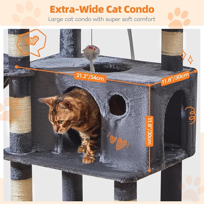 Taoqimiao Large Cat Tree，73-Inch Cat Tree Tower with 9 Scratching Posts for Indoor Cats, 2 Large Cat Condo with Hammock, Hanging Basket, 2 Extended Platform, Smoky Gray MS013XLG-Mewly Pet