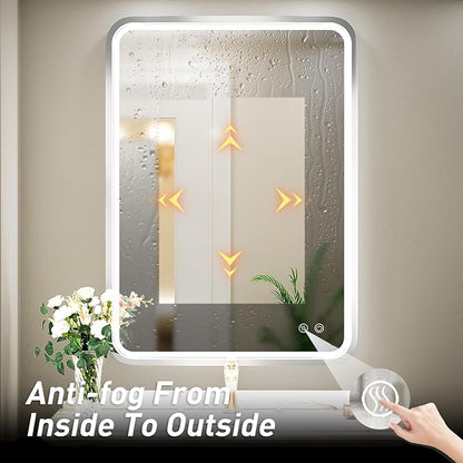 24x36 Inch LED Bathroom Mirror with Lights,Silver Metal Framed Brushed Lighted Vanity Mirror,Antifog Stepless Dimmable,Wall Mounted(Horizontal/Vertical)