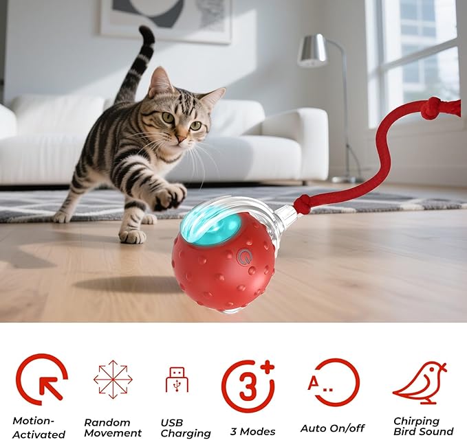 2-Pack Interactive Cat Toys Ball - 2025 New Gen with Smart Obstacle Avoidance,Bird Chirps & Auto Wake-Up,Includes 2 Speedy Tail 2.0 Ropes, Ideal Kitten Toys for Bored Indoor Cats (Red & Blue)-Mewly Pet