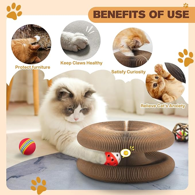 2 PCS Magic Organ Cat Scratcher Board with 6 Balls, Foldable Recyclable Accordion Cats Toy with Ball and Track Adventure, Cat Scratching Pad, Retractable Reversible Furniture Protector(Brown)-Mewly Pet