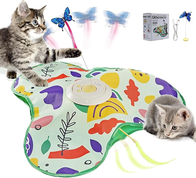 Interactive Cat Toy, Automatic Kitten Toys for Indoor Cats, Hide and Seek Cat Toy Kitten Wand Toy Cat Exercise Toys with Motion Activated, Moving Feather, Chirping-Mewly Pet