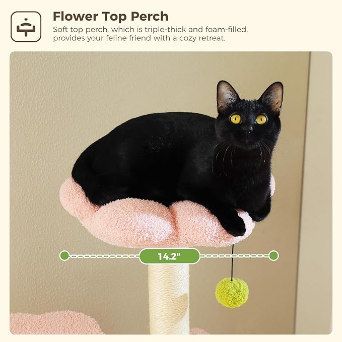 Flower Cat Tree, 62-Inch Large Cat Tower for Multi-Cat Households w/Scratching Posts, Multi-Level Cat Condo w/Cozy Top Perch & Scratching Pad, Padded Platform, 2 Pompoms, Pink-Mewly Pet