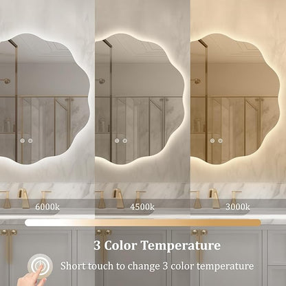 WallBeyond LED Bathroom Mirror with Lights, 24'' Wavy Round Light Up Bathroom Mirror, Anti Fog Led Mirror for Bathroom, 3 Colors and Dimmable Light