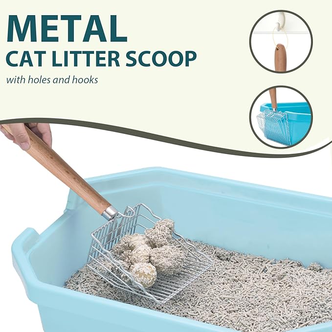 Cat Litter Scoop, Kitty Metal Scooper with Hook and Long Hole, Stainless Steel Kitten Poop Lifter for Litter Box, Non Stick, Durable and Heavy Duty Sifter for Easy Clean-Mewly Pet