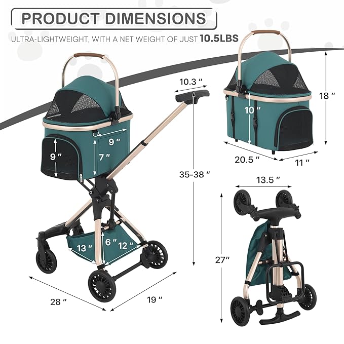 MoNiBloom 3 in 1 Pet Stroller with Adjustable Handle, Jogging Stroller w/Detachable Carrier & Lightweight Aluminum Frame for Dogs Cats, Hunter Green-Mewly Pet