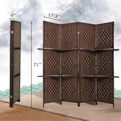 FDW Room Divider 4 Panel Room Screen Divider Wooden Screen Folding Portable Partition Screens Wood with Removable Storage Shelves Color,Brown