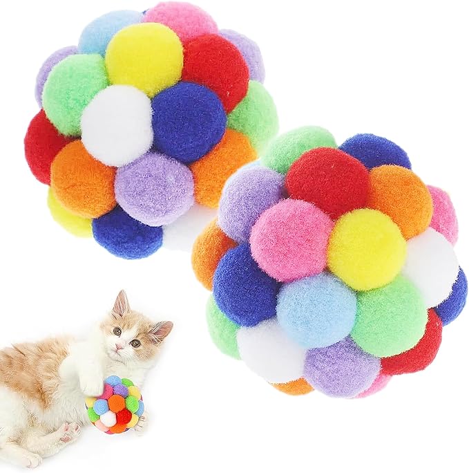 9PCS Cat Toy Balls, 1,75'' Soft Pom Pom Ball for Kittens, Colorful Soft Fuzzy Balls Built-in Bell for Cats, Interactive Playing Chewing Toys for Indoor Cats and Kittens, Cute Kitten Kitty Toys-Mewly Pet