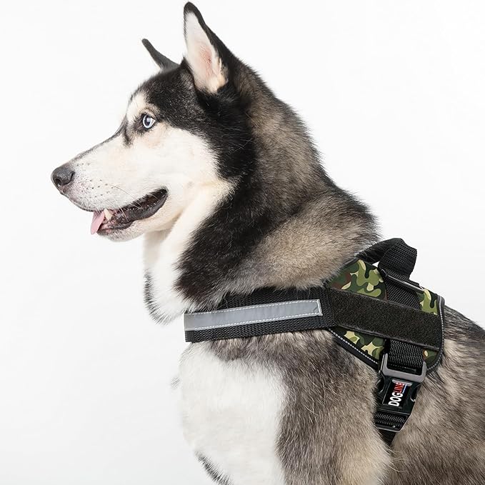 Dogline Dog Harness, Reflective No-Pull Adjustable Vest with Handle for Walking, Training, Breathable, No - Choke Harness for Small, Medium or Large Dogs Room for Patches Girth 22"-28" in Green Camo-Mewly Pet