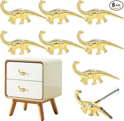 8 Pack Metal Dinosaur Knobs for Kids Furniture - Veggie Dino Theme Gold Finish Drawer Pulls & Cabinet Handles, Scratch-Resistant (Herbivore)