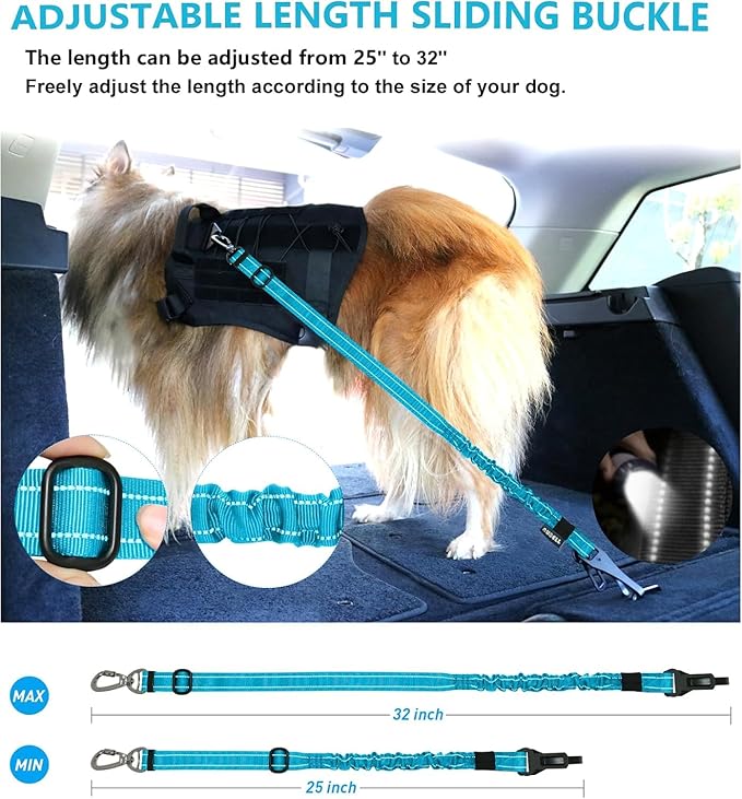 AUBELL Dog Seat Belt for Car,2 Pack Set 3-in-1 Adjustable Reflective Bungee Heavy Duty Dog Car Harness Tether with Clip Hook Latch & Buckle,Swivel Zinc Alloy Carabiner,Black+Blue-Mewly Pet