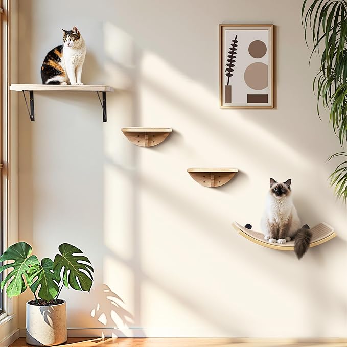 Wood Cat Wall Shelves with Sisal Cats Window Perch, Wall Mounted 4-Piece Cat Climbing Set with Curved Bed, Flat Perch and Sisal-Covered Steps-Mewly Pet