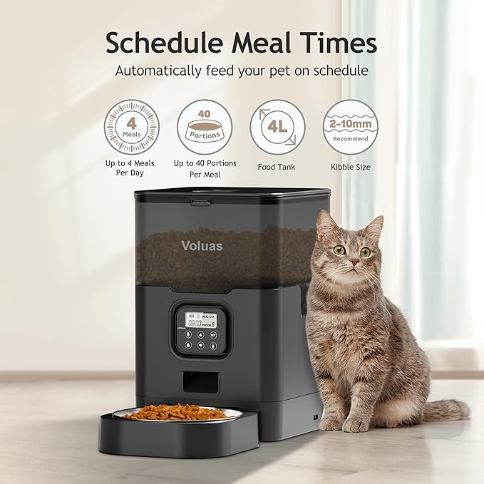 VOLUAS Automatic Cat Feeders - Pet Dry Food Dispenser with Timer, Automatic Cat Feeders with Desiccant Bag, Programmable Portion Size Control 4 Meals Per Day, 10s Voice Recorder-Mewly Pet
