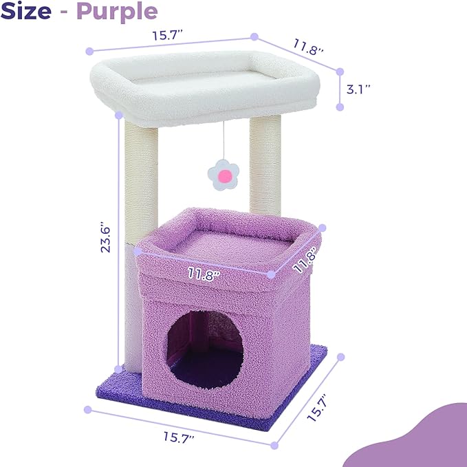 PEQULTI Cat Tree Flower Cat Tower for Indoor Cats with Private Cozy Cat Condo, Natural Sisal Scratching Posts and Plush Pom-pom for Small Cats, Purple-Mewly Pet
