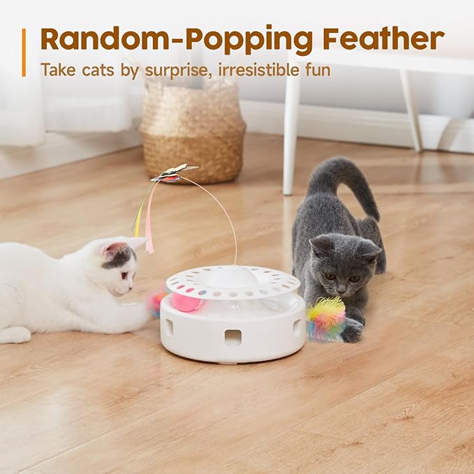 Potaroma Cat Toys 3in1 Automatic Interactive Kitten Toy, Fluttering Butterfly, Moving Feather, Track Balls, Dual Power Supplies, USB Powered, Indoor Exercise Kicker (Bright White)-Mewly Pet