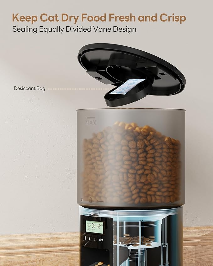 Automatic Cat Feeder Food Dispenser: 6L Timed Small Dog Dry Food Dispenser with 10s Voice - Distributeur Nourriture Chat Hund Programmable - Auto Pet Feeder with 1-6 Meals Black-Mewly Pet