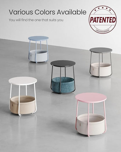 VASAGLE LILEA Collection - Small Round Side End Table, Modern Nightstand with Fabric Basket, Cement Gray and Cream White ULET223G49