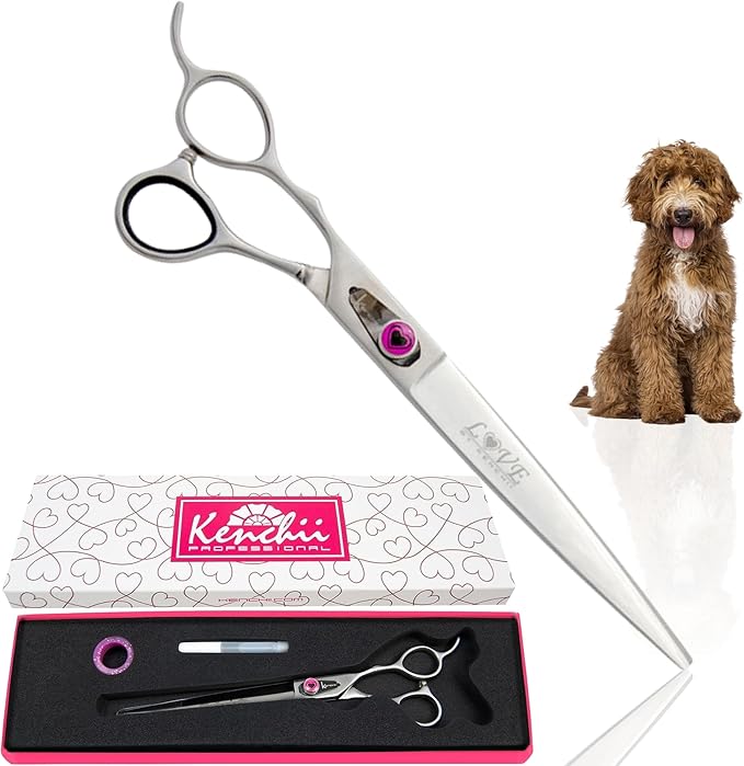 Kenchii Love Left Handed Dog Grooming Scissors, 8 Inch Straight Shears, Dog Scissors for Grooming, Professional Pet Grooming Scissors, Ergonomic & Comfortable-Mewly Pet