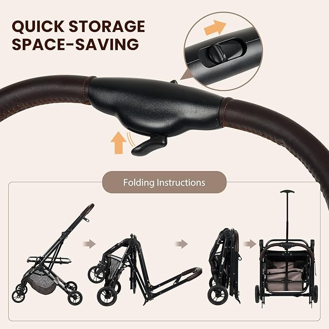 Pet Stroller, Small to Medium Dogs & Cats, Foldable, One-Hand Fold, Detachable Carrier, Latte Color-Mewly Pet