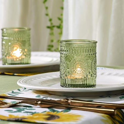 DEVI 24pcs Green Votive Candle Holders for Wedding, Glass Tea Lights Candle Holder, Green Baby Shower St. Patrick's Day Table Decor, Vintage Depression Glass Candle Holders for Table Centerpiece