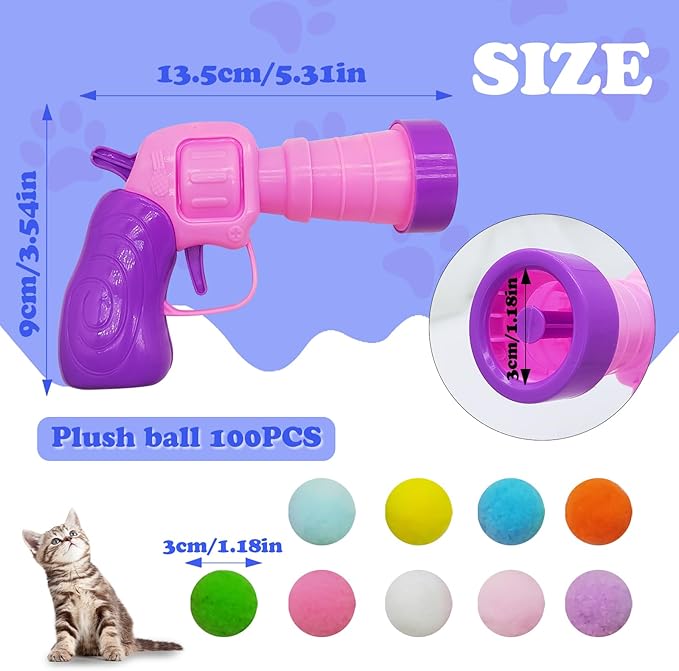 Andiker Plush Pom Pom Balls Set - Interactive Cat Toy (30pcs - Pink: 100balls, Launcher Set)-Mewly Pet