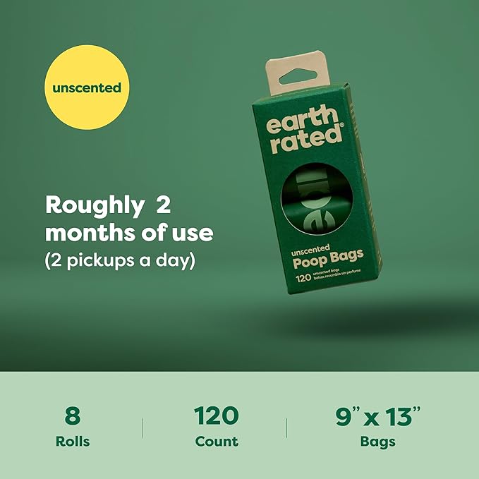 Earth Rated Poop Bags for Dogs Guaranteed Leak Proof and Extra Thick Waste Bag Refill Rolls, Unscented, 120 Count-Mewly Pet