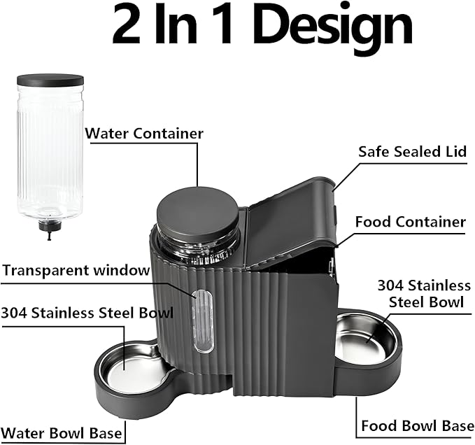Automatic Cat Food Feeder and Water Dispenser,2 in 1 Gravity Cat Feeder and Water Dispenser with Stainless Steel Bowl,2 Pack Large Capacity Self Feeding for Small Medium Pets Puppy Kitten-Mewly Pet