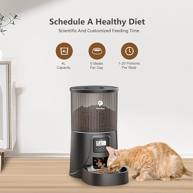 Automatic Cat Feeder: 4L Timed Cats Food Dispenser Programmable 1-6 Meal for Cat and Small Medium Dog- Auto Pet Feeder Easy to Set Up Dual Power Supply with Desiccant Bag| Detachable Washable-Mewly Pet