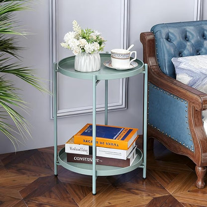 HollyHOME 2-Tier Round Side Table, Outdoor Small Folding Accent Stand with Removable Tray, Anti-Rust Metal Asional Table for Balcony Patio Living Room, Nightstand for Bedroom(Cyan Blue)