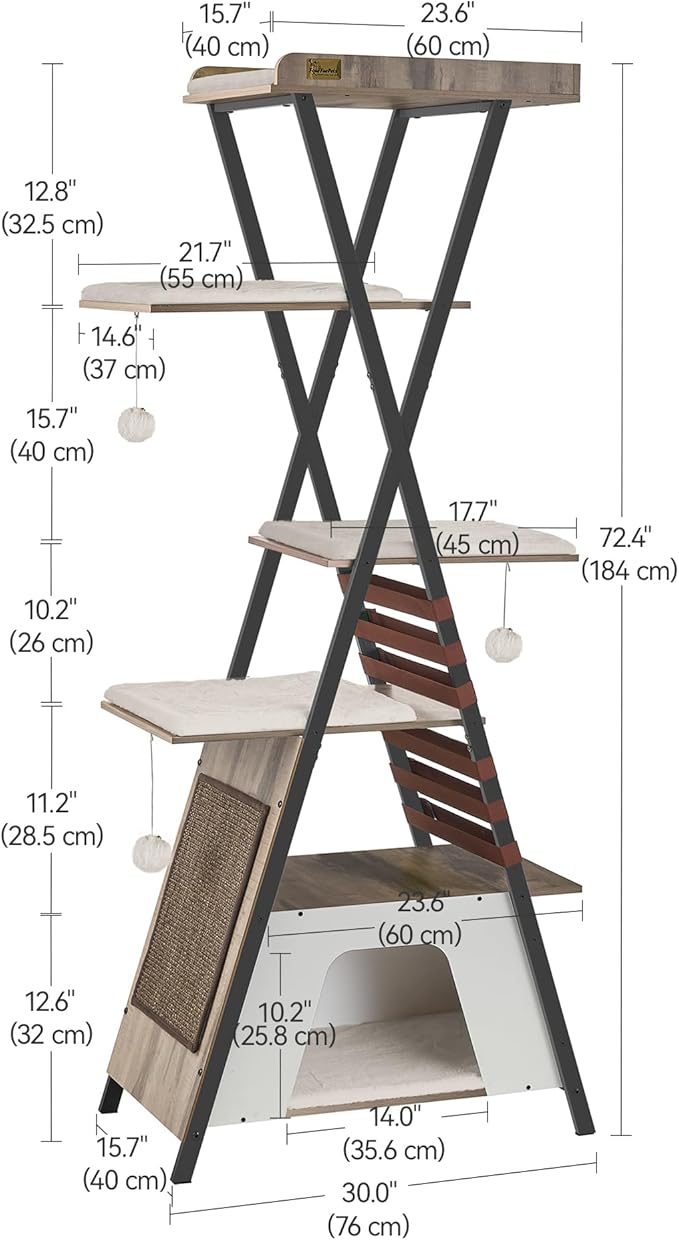 FourFurPets 72.4" Cat Tree, Modern Cat Tower for Indoor Cats, Multi-Level Cat Condo with Caves, Tall Cat Tree with Cat Scratching Board, Wooden Cat Tower with Large Perch, Removable Pads, Camel Brown-Mewly Pet