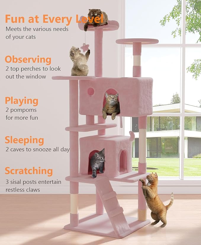 70'' Cat Tree Tower for Indoor Cats Large Adult,Cute/Tall Modern Cat Tree for Big Cats 20 lbs,Plush Multi-Level Cat Condo with Scratching Posts,Dangling Ball for Fun Play(Soft Pink, 70 inch)-Mewly Pet