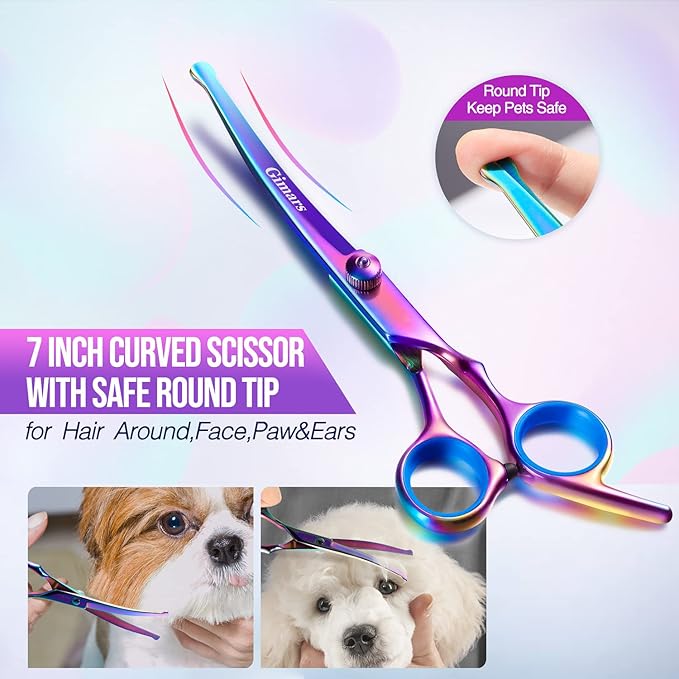 Gimars Dog Grooming Scissors Kit Professional 4CR with Safety Round Tip, 5 in 1 Heavy Duty Titanium Coated Thinning & Curved & Straight Shears-Mewly Pet