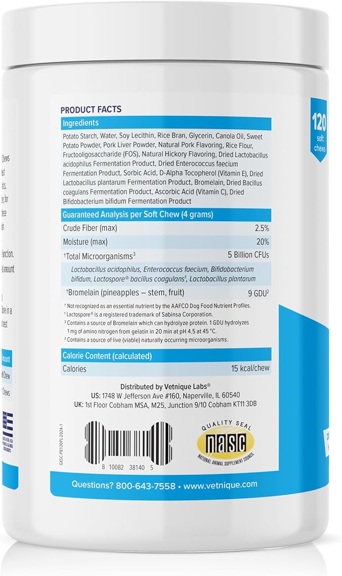Vetnique Glandex Daily Probiotics for Dogs with Prebiotics to Support Gut Health with Fiber and Digestive Enzymes, Probiotic Chews or Powders (120ct Chews, Bacon Chews)-Mewly Pet