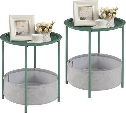 VECELO Round Side/End Table with Fabric Storage Basket，Metal Anti-Rust and Waterproof Small Bedside Nightstand with Removable Tray Top for Living Room，Balcony & Laundry，Dark Green /2pcs with Basket