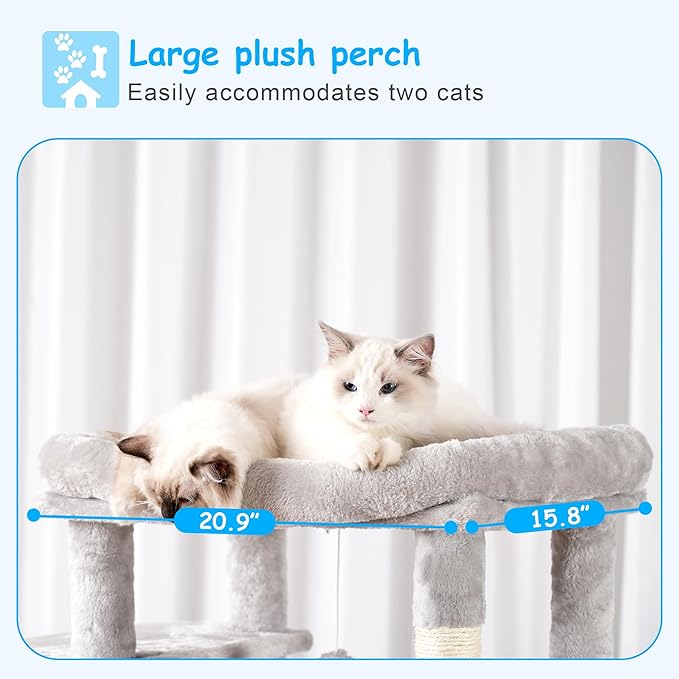 Hey-brother Cat Tree, 69.3-Inches Multi-Level Plush Cat Tower for Indoor Cats with Large Top Perch, Extra Spacious Hammock, 2 Hammocks Ramp, Hanging Ball, Light Gray MPJ037W-Mewly Pet