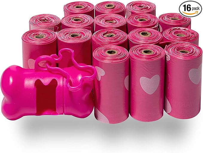 Best Pet Supplies Dog Poop Bags (240 Bags) for Waste Refuse Cleanup, Doggy Roll Replacements for Outdoor Puppy Walking and Travel, Leak Proof and Tear Resistant, Thick Plastic - Pink Heart-Mewly Pet