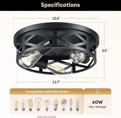 VONLUCE Flush Mount Ceiling Lights, 4-Light Hallway Ceiling Lighting Fixtures, 15 inch Farmhouse Metal Cage Ceiling Lights for Entryway Kitchen, Adjustable Lamp Holders, 2 pcs, Black
