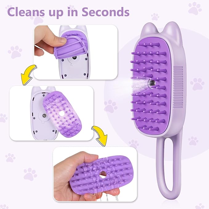 Rechargeable Cat Steam Brush with Mist Spray, 3-in-1 Pet Steam Brush for Long and Short Haired Cats and Small Dogs, Anti-Static, De-Shedding, Detangling, Massage, Purple Cat Design-Mewly Pet