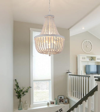 Q&S Beaded Chandelier Farmhouse White Wood Beaded Boho Light Fixture Vintage Antique 8 Lights for Dining Room Nursery Kitchen Foyer Bedroom Living Room UL Listed