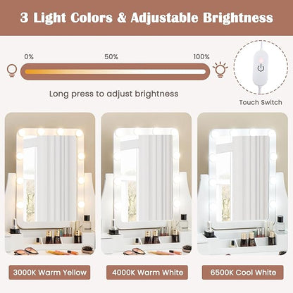 CHARMAID Vanity Desk with Mirror and Lights, Makeup Vanity Table with 5 Storage Drawers, 3 Color Lighting Modes, Adjustable Brightness, Modern Bedroom Dressing Table with Vanity Stool, White