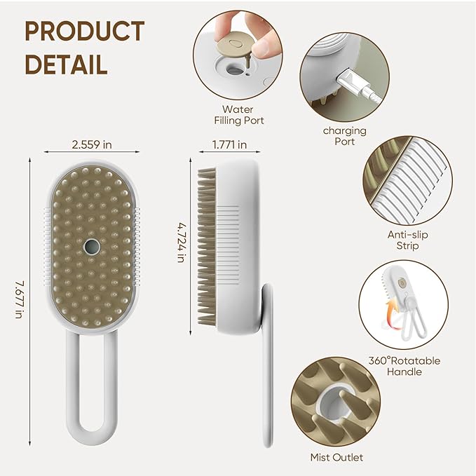 4-in-1 Cat Steam Brush for shedding – Self-Cleaning Comb for Long and Short Hair Cats and Dogs, Steam Pet Brush for Hair Removal, Vibrating Message, Grooming & Relaxation (White)-Mewly Pet