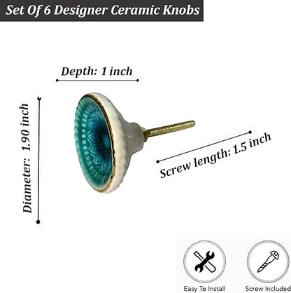 Perilla Home Set of 6 Ceramic Knobs Decorative Round Knobs for Home Kitchen Cabinet Vintage Hardware Cupboard Door Dresser Wardrobe Drawer Pulls (Turquoise)