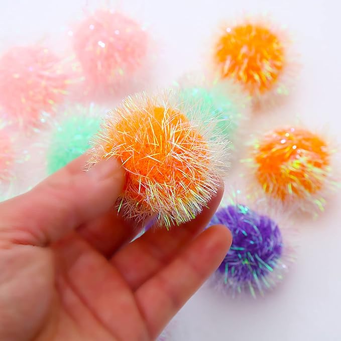 Cat Pom Pom Sparkle Fuzzy Balls 2 Inches Interactive Cat Toy Assorted Color 12 Pack-Mewly Pet