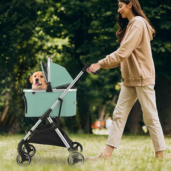 MoNiBloom Pet Stroller for Small/Medium Dogs w/Detachable Carrier & Lightweight Aluminum Frame, Folding Jogging Travel Stroller, Mint Green-Mewly Pet